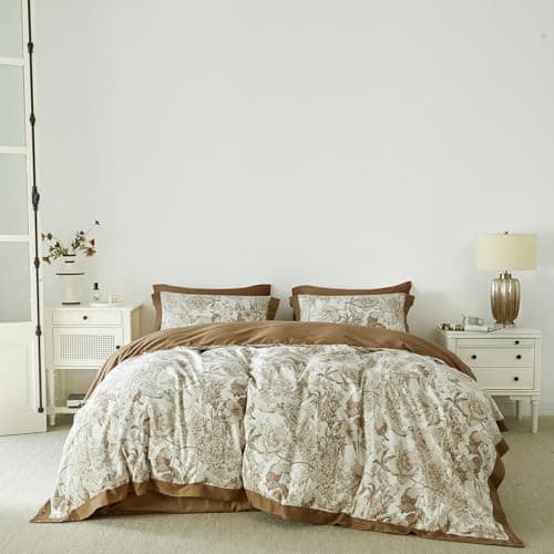 SUSYBAO Taupe Flower Duvet Cover Queen 100% Cotton 3 Pcs Set 1 Retro Brown Floral Duvet Cover with Zipper Ties 2 Pillow Shams Vintage Farmhouse Hemmed Botanical Print Bedding Set Soft