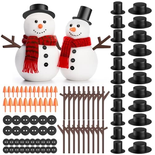 Outivity Snowman Kit for Crafts 200PCS Snowman Craft for Kids Snowman Decorating Kit Includes 120 Black Buttons 20 Tiny Top Hats 40 Tiny Hands 20 Mini Carrot Noses