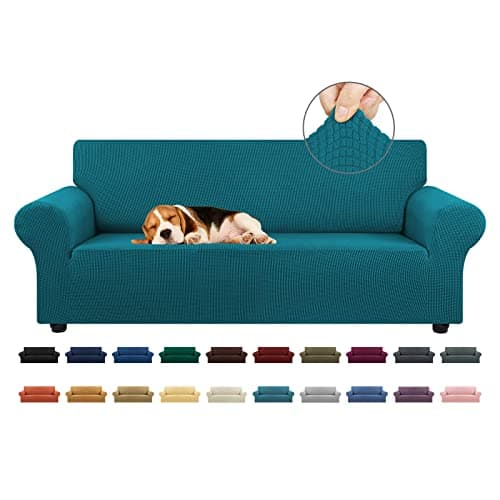 KEKUOU Stretch Sofa Cover Slipcover ,Couch Covers for 3 Cushion Couch Sofa pet Friendly (78"-94") Furniture Protector Sofa with Elastic Bottom for Kids,Dog, Jacquard Small Checked(Large,Peacock Blue)