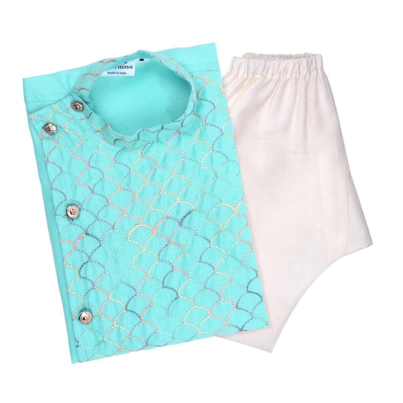 superminis Baby Boys Cotton Side Open Embroidery Kurta and White Pyjama Set (6-7 Years, Sky Blue)