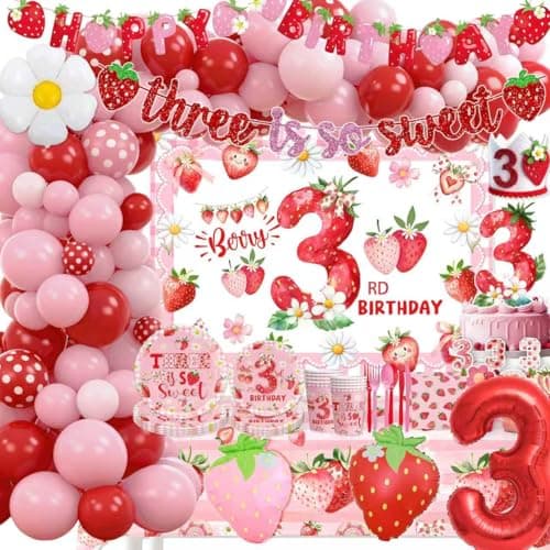 Strawberry 3rd Birthday Decorations Girl Berry Sweet 3rd Birthday Plates and Napkins Set Tablecloth Banner Backdrop Balloon Hat Cake Decorations for 3 Year Old Girl