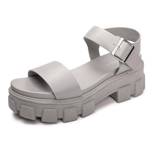 Luffymomo Women's Platform Wedge Sandals Lug Sole Sandals Adjustable Ankle Strap Chunky Heels(7 M US Grey