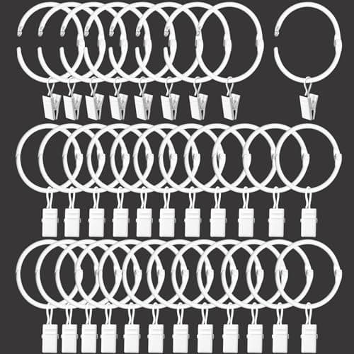 LLPJS Openable Curtain Rings with Clips, Open Drapery Rings with Hooks, Curtain Clips 1.5 inch Interior Diameter, Fit up to 1.2" Curtain Rod (White, 1.5" I D Set of 32)