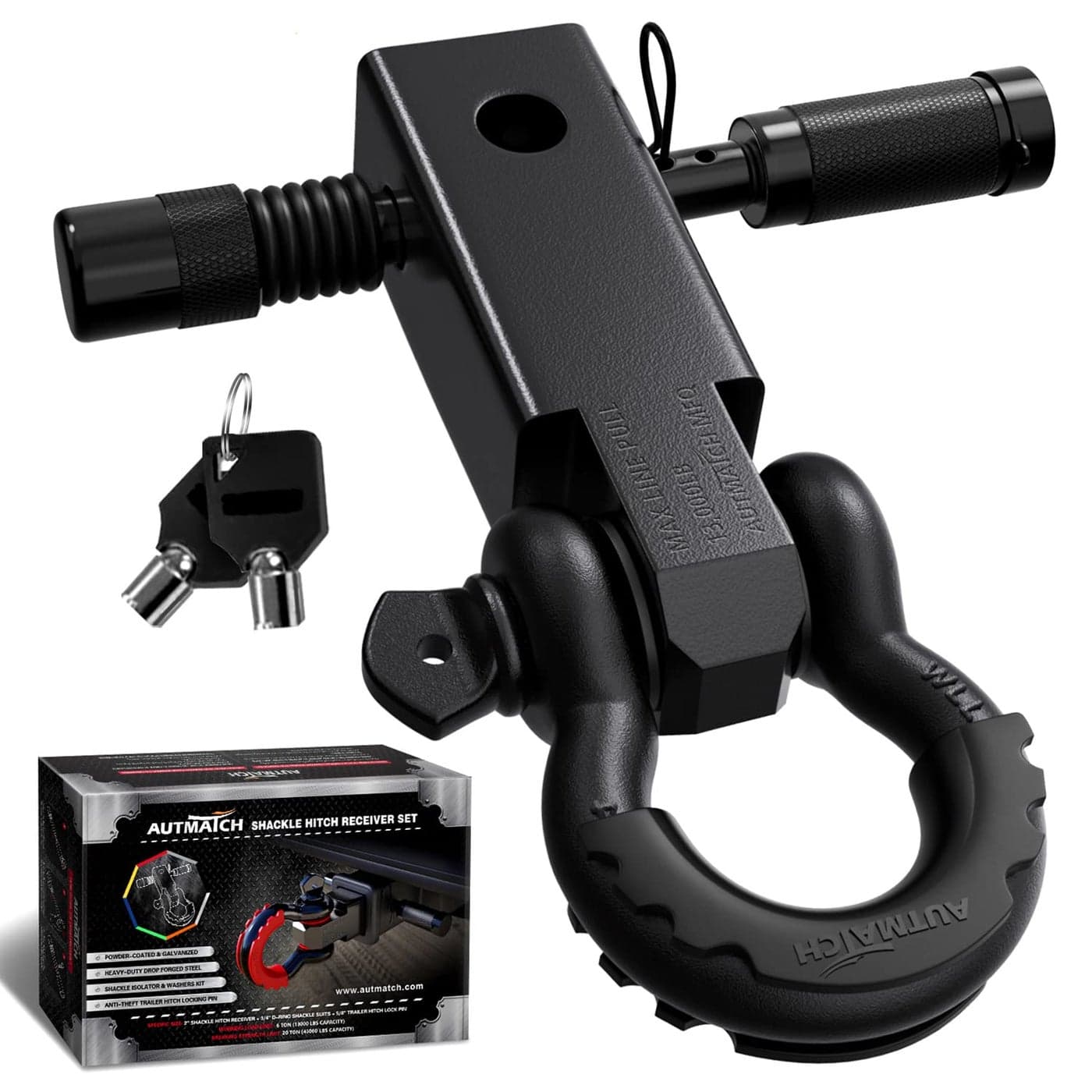 AUTMATCH Shackle Hitch Receiver 2 Inch 34 D Ring Shackle and 58 Trailer Hitch Lock Pin 45000 Lbs Break Strength Heavy Duty Receiver Towing Kit for OffRoad Vehicle Recovery Frosted Black