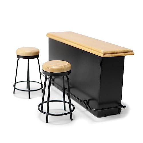 Dollhouse Furniture Metal Bar Table Chair with Wood Top Pub Set 112 Scale Miniature Accessories Bar Counter Stool Mini Dining Coffee Table Model Layout Props Desktop Decor