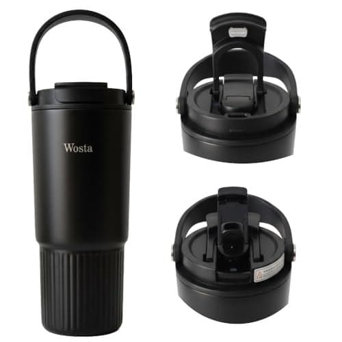 Wosta Tumbler with Straw Lid, 18/10 Stainless Steel Vacuum Tumblers, Leakproof Double Walled Iced Car Cup with Handle & Tea Infuser& Dishwasher Safe, for Hot & Cold Drinks, 800 Ml (Black)