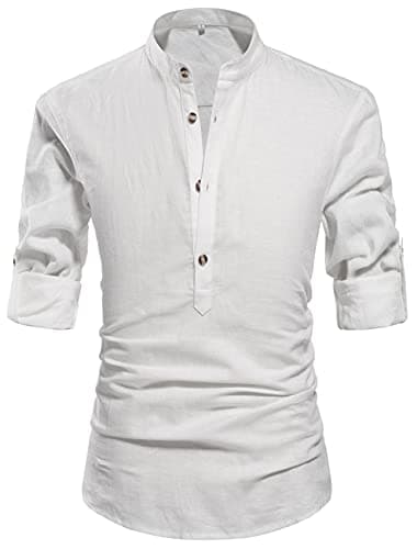 NITAGUT Men Henley Neck Long Sleeve Daily Look Linen Shirts Casual Beach T Shirts White-US XL