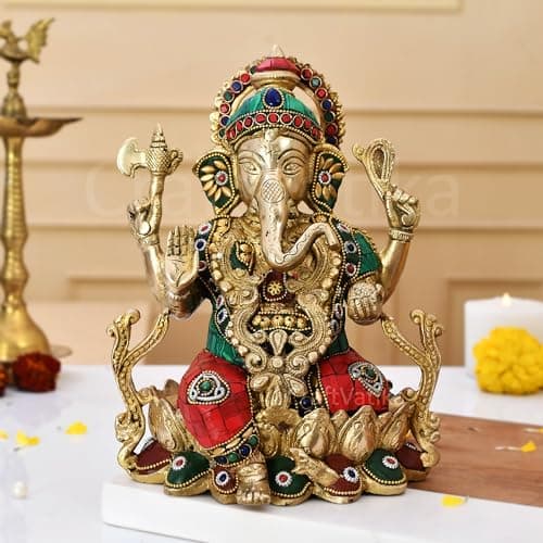 CraftVatika Ganesha Idol Brass with Multicolor Stone Handwork, Gemstone Ganesha Brass Statue Murti with Stone Handwork (9.5 Inch Height)