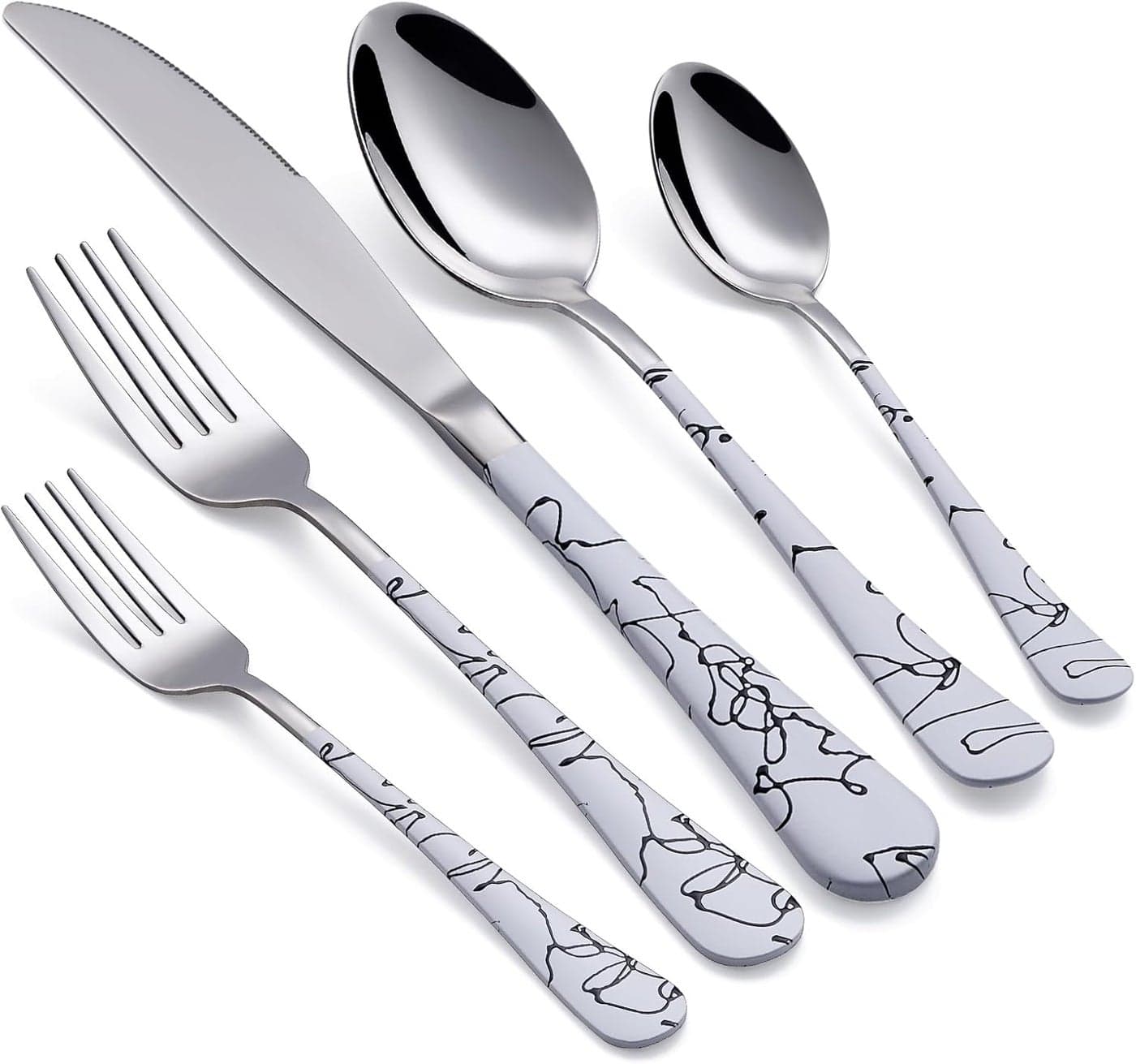 20Piece Silverware Set with Stainless Steel Flatware White Marbling Handle Cutlery Dinner Knives Forks Spoons Dishwasher Safe