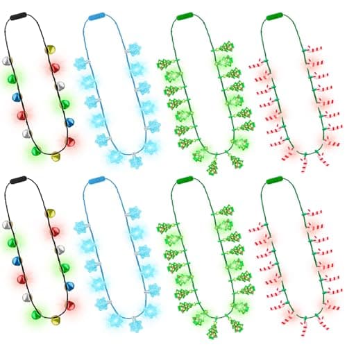 8PCS Christmas Light Up Necklaces 3 Modes Xmas Bell Necklace with Bulbs Xmas Tree Candy Cane Vibrant Christmas Party Favors LED Xmas Accessories Ugly Sweater Party Favors Festive Decorative