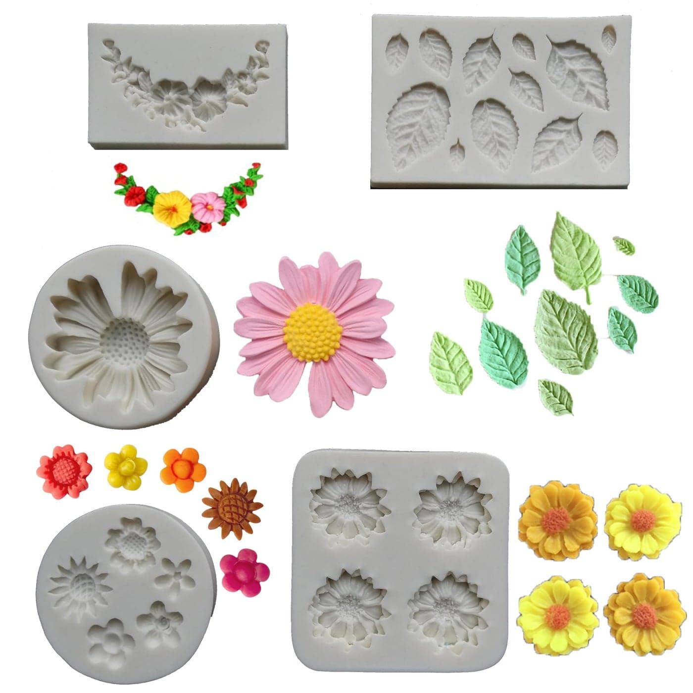 LVDGE Small Lovely items Silicone Fondant Molds Set For Cake Topper Gumpaste Candy Chocolate Polymer Clay and More Flowers Leaves