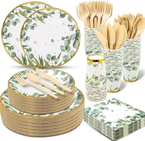 350 Pcs Sage Green Party Plates and Cups Sets,Disposable Paper Plates Cups Napkins Party Supplies,Eucalyptus Plates Dinnerware for Boho Bridal Shower/Baby Shower Theme,Serves 50