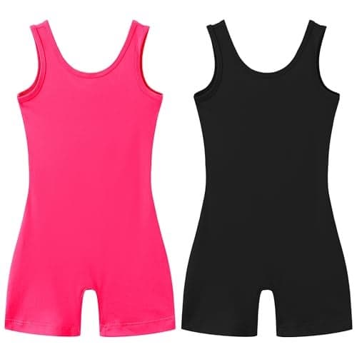 LUOUSE 2 Pack Girls Gymnastics Leotards Scoop Neck With Shorts, Little Kids Slim Dancewear Workoutwear Unitards Biketards Black & Rose