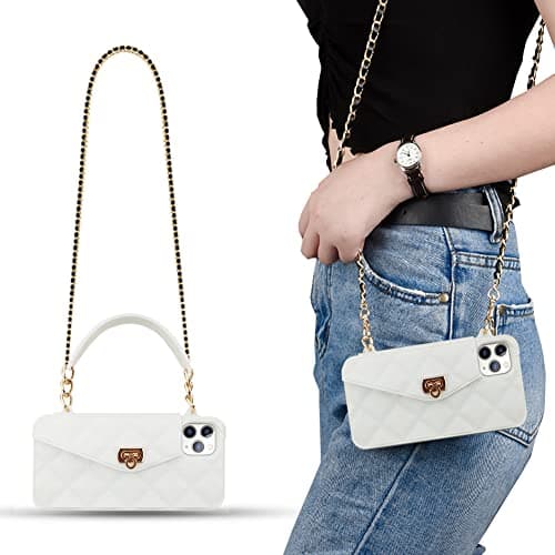 Yatchen Wallet Case for iPhone 14 Pro Max,Crossbody Phone Case with Lanyard Strap Cute Flip Credit Card Holder Soft Silicone Girls Lady Handbag Cover for iPhone 14 Pro Max White