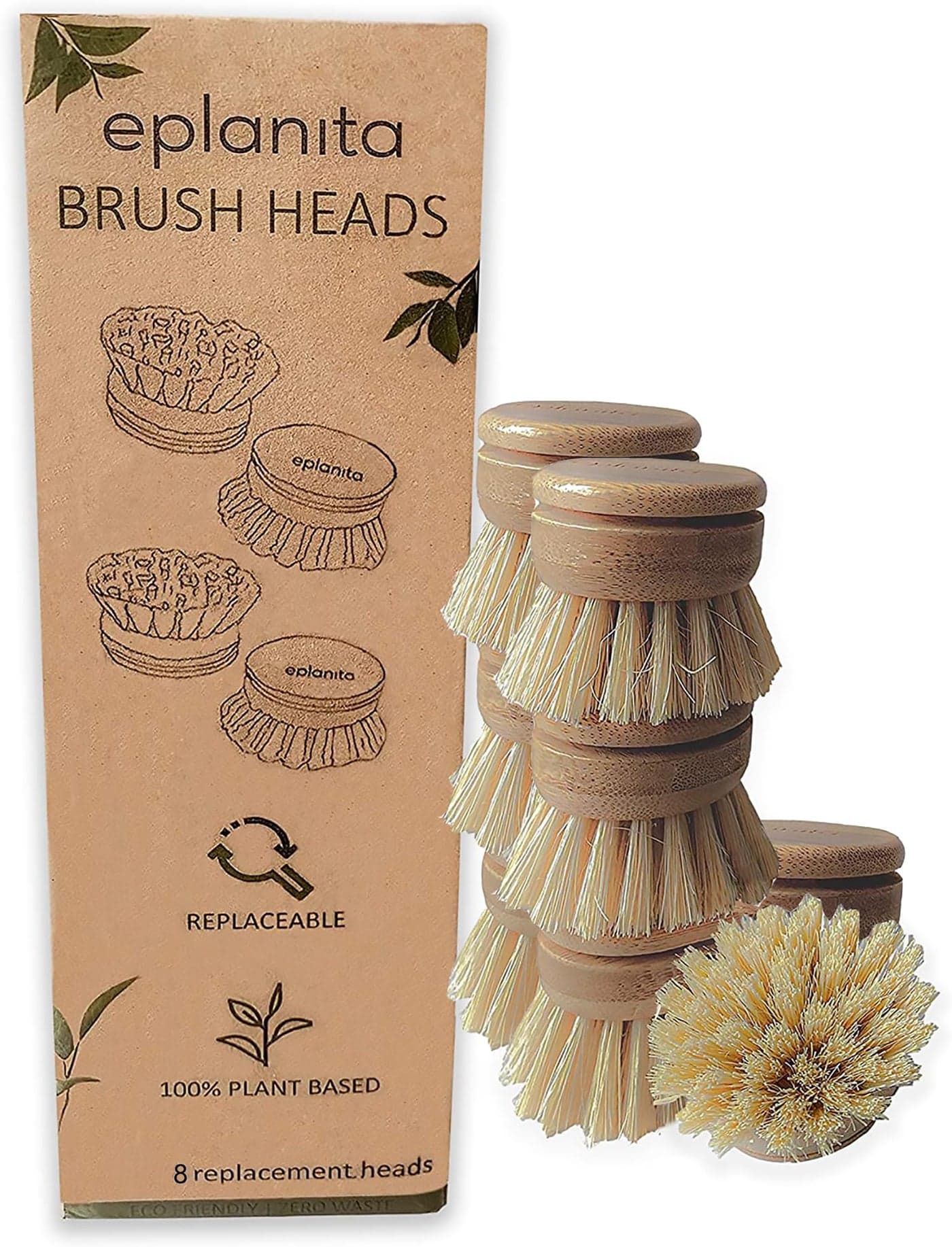 eplanita Replacement Brush Heads Pack of 8 for Bamboo Dish Brush Sisal Bristle Refills Agave Cactus Fibres Kitchen Eco Scrubber Plastic Free Washing Up Zero Waste Cleaning