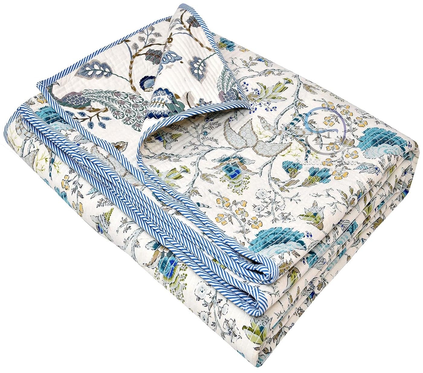 LushHavenDecor Jaipuri Light Weight Cotton Traditional Rajasthani Print Multi Colour Double Bed CoverCoverletSpread Machine Kantha Quilt Rajai Pink and Red Flower Set of 1