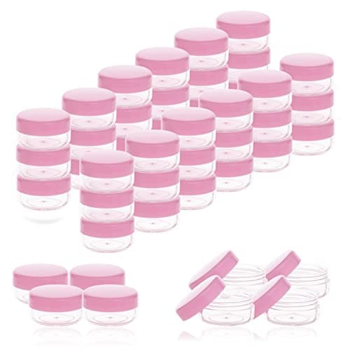 ZEJIA 5 Gram Sample Containers with Lids Mini Makeup Containers Empty Plastic Travel Cosmetic Containers with Labels100 Count Pink Lid