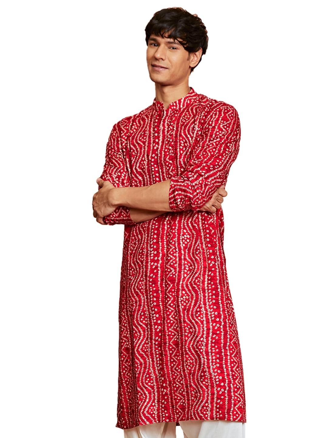 VASTRAMAY Men's Cotton Bandhani Printed Kurta – Stylish Ethnic Wear for Festive & Occasions Red