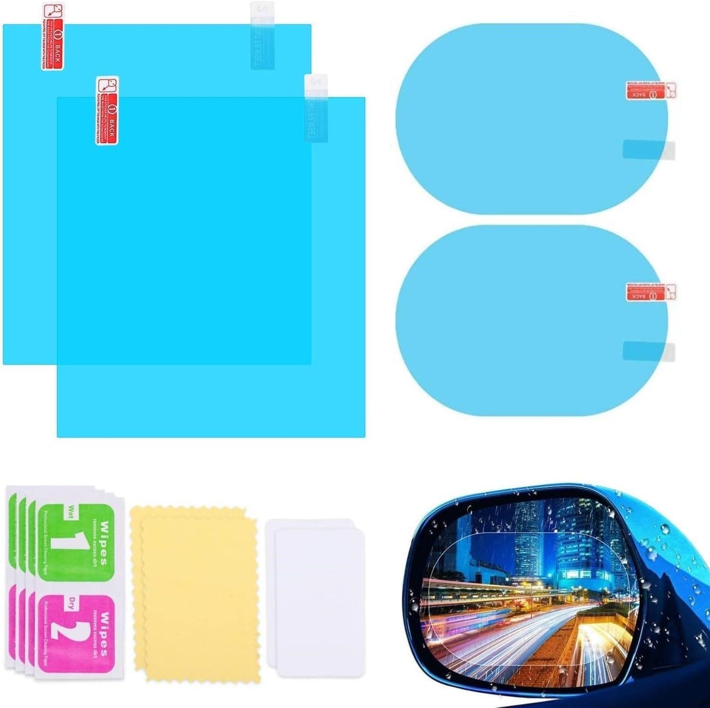Ezee Living Car Rearview Mirror Anti Fog Film 4 Pcs | Waterproof Anti Rain & Anti Glare Sticker | HD Clear View Safety Shield for Side Mirrors & Windows | Universal Protective Film (2 Square & 2 Oval)