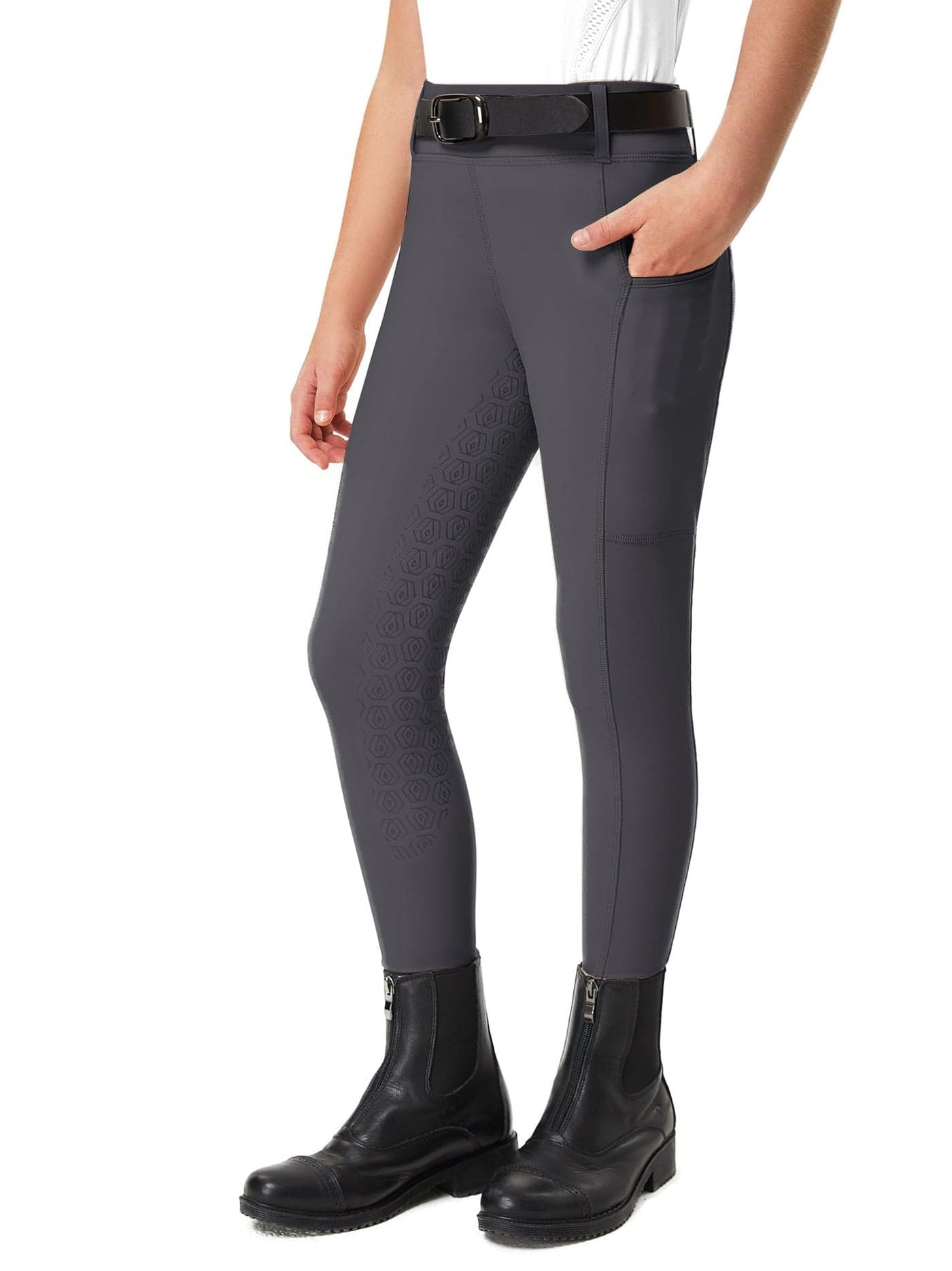 FitsT4 Sports Girls Riding Pants Full Seat Kids Equestrian Breeches Stretchy Youth Horse Schooling Tights Zipper Pockets Darkgrey M