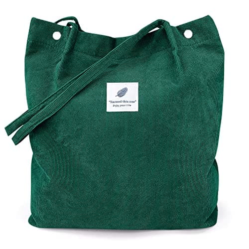 LHMTQVK Corduroy Tote Bags for Women, Large Capacity Corduroy Bag Reusable Grocery Shoulder Bag with Inner Pockets (Emerald)