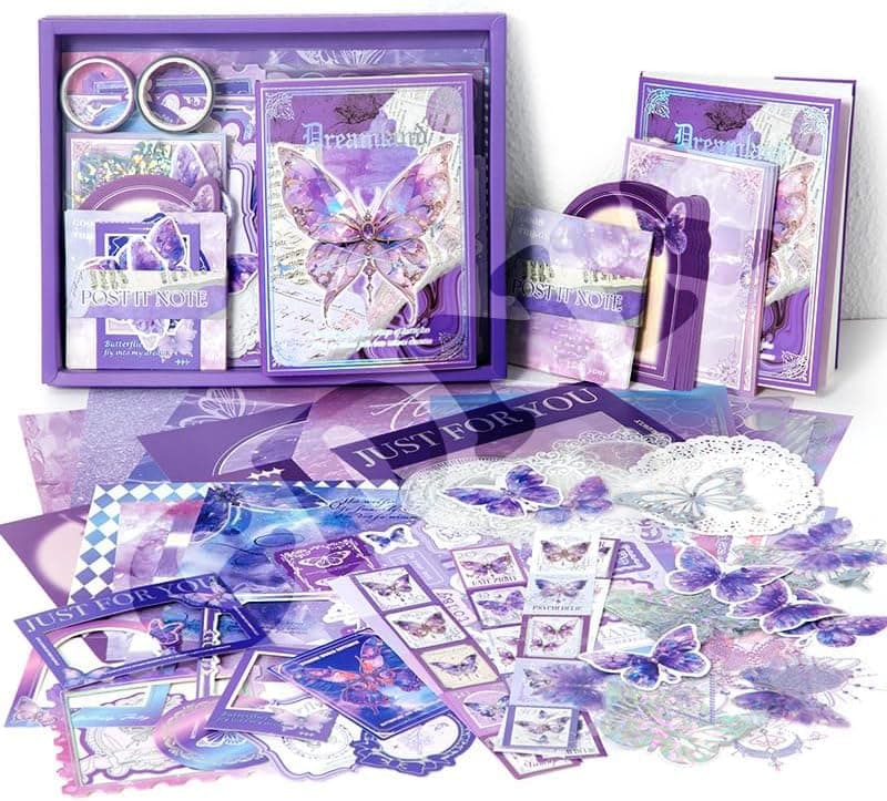 GDNK 346pcs Vintage Journal Scrapbook Pack Kit for Art Journaling Bullet Planners DIY Paper Stickers Craft Kits Notebook Collage Album Aesthetic Sticker Moonlight Purple Butterfly