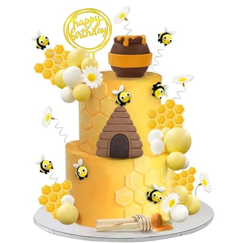 35 PCS Bee Cake Toppers Honey Jar Cake Topper Honeycomb Cake Decorations for Baby Shower Bee Theme Birthday Party Decoration Supplies