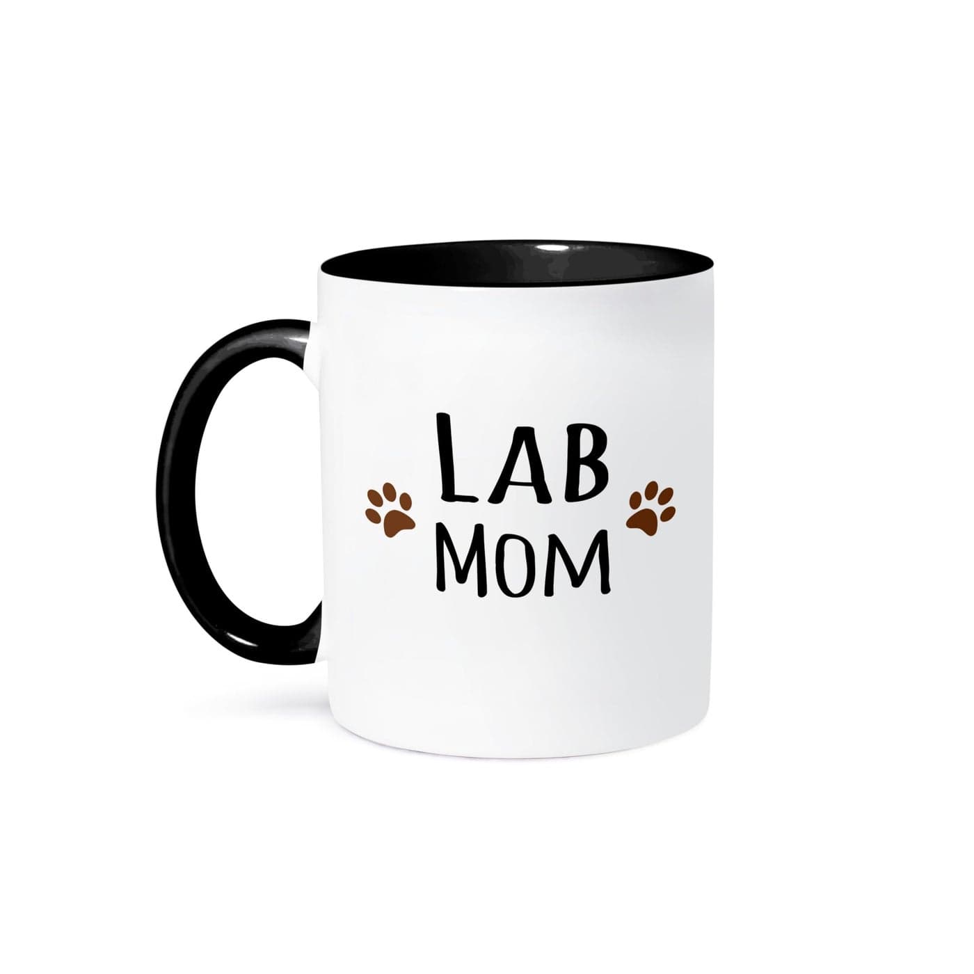 3dRose mug_154148_4 Lab Dog Mom Labrador Doggie by breed brown muddy paw prints doggy lover pet owner mama love Two Tone Black Mug 11oz