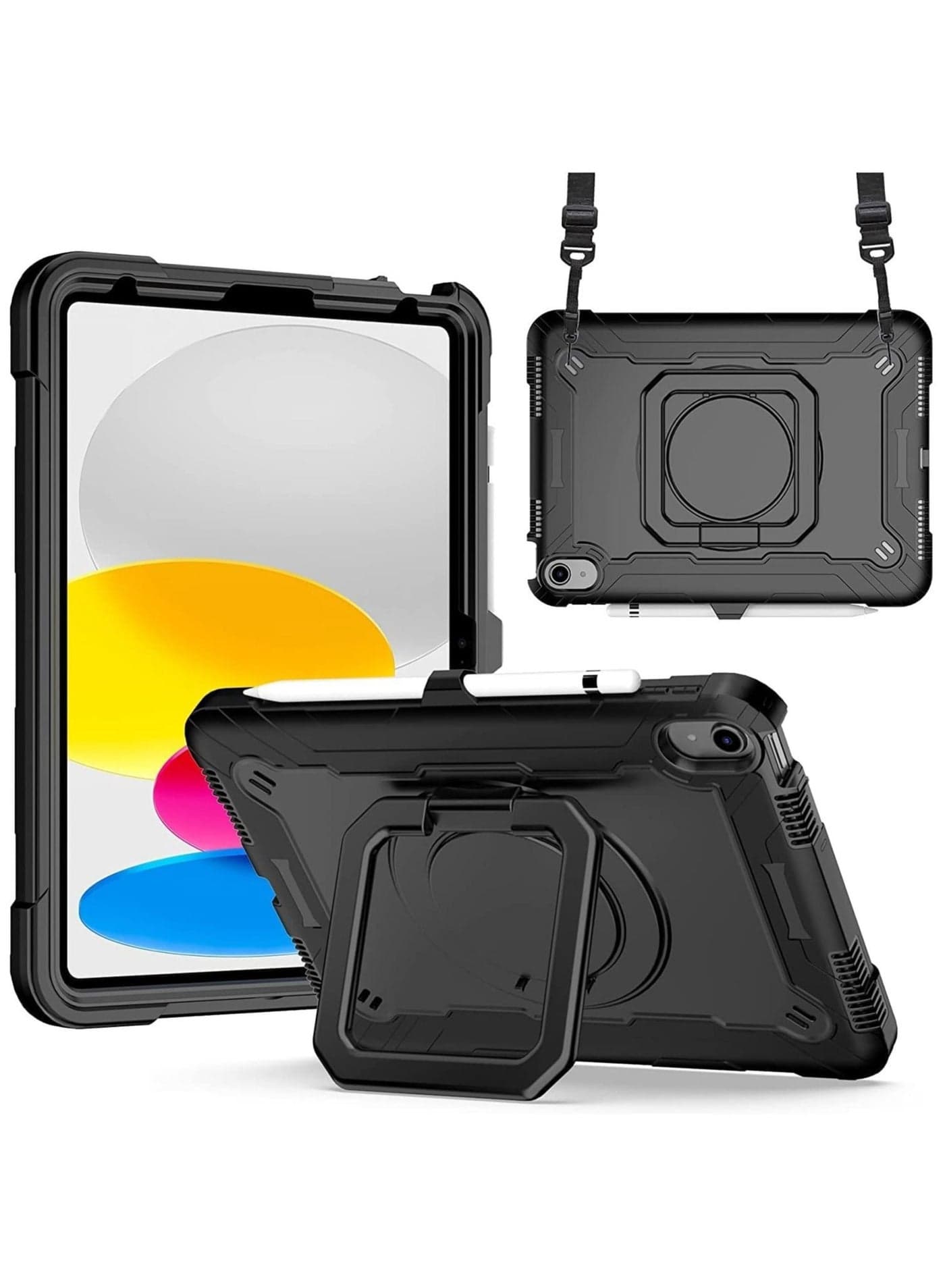 Case for iPad 10th Generation 10.9 inch 2022, Heavy Duty Hybrid Shockproof 360°Swivel Kickstand Anti Scratch Durable Protective Kids Case with Pencil Holder Shoulder Strap Case