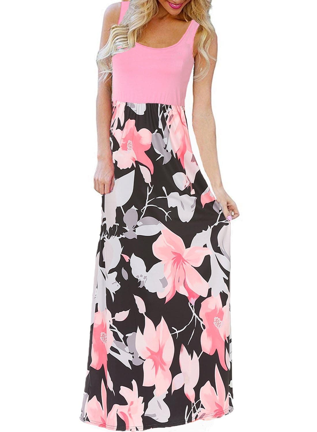 Bluetime Women's Summer Boho Sleeveless Floral Print Tank Long Maxi Dress (Pink, XXXL)