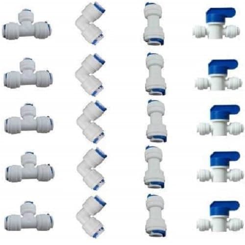 KRPLUS Imported RO Fitting 14 Inch OD Quick Connect Push in to Connect for RO Water Reverse Osmosis System Water Tube Fitting Set of 20 Ball ValveTIL Elbow Connector For Water Purifier White