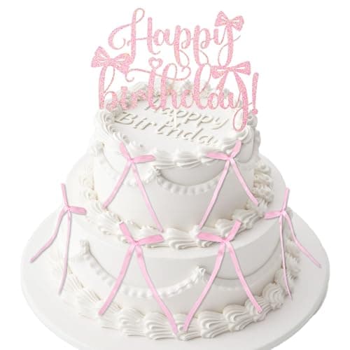 6 PCS Bow Cake Toppers Pink Bow Birthday Decorations Coquette Birthday Decorations Bows for Valentines Day Cake Party High Footed Cup Balloons New Year Party Supplies