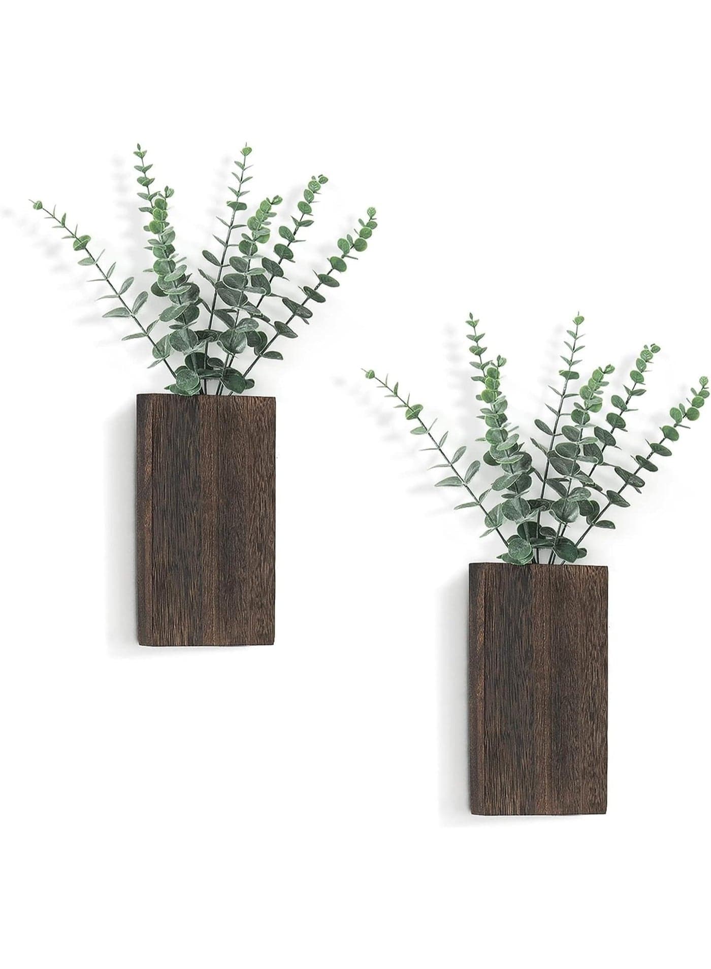 2 Pack Wood Wall Planter, Wall Hanging Decor Pocket Planter, Vase with Artificial Eucalyptus, for Indoor Fake Plants, Greenery Flowers, Livingroom, Bedroom, Kitchen, Home Office Decoration