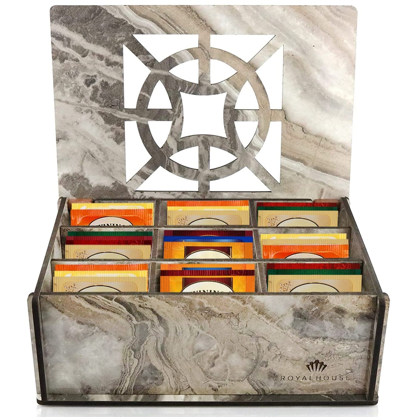 RoyalHouse Premium Wood Hard MDF Tea Storage Box Organizer Grey Marble EcoFriendly MultiFunctional Decorative Box 9 Compartments For Assorted Variety Of Tea Bags and Small Items