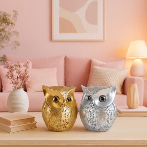 SRJANA Modern Classy Lucky Owl Combo Resin Art Figure Showpiece (Pack of 2, Golden and Silver)