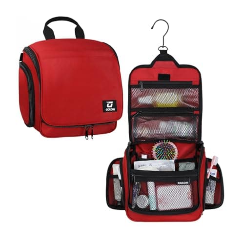 Goloni Hanging Toiletry Bag 10 Compartments WaterResistant Makeup Bag with 360 Spinning Metal Hook Large Travel Cosmetic Organizer for Men Women Red 705oz