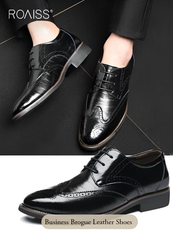 Men's Casual Business Block Leather Shoes Fashion Versatile Patent Leather Pointed Formal Occasion Shoes Patterned Lace Up Business Casual Shoes Groom Groomsmen shoes