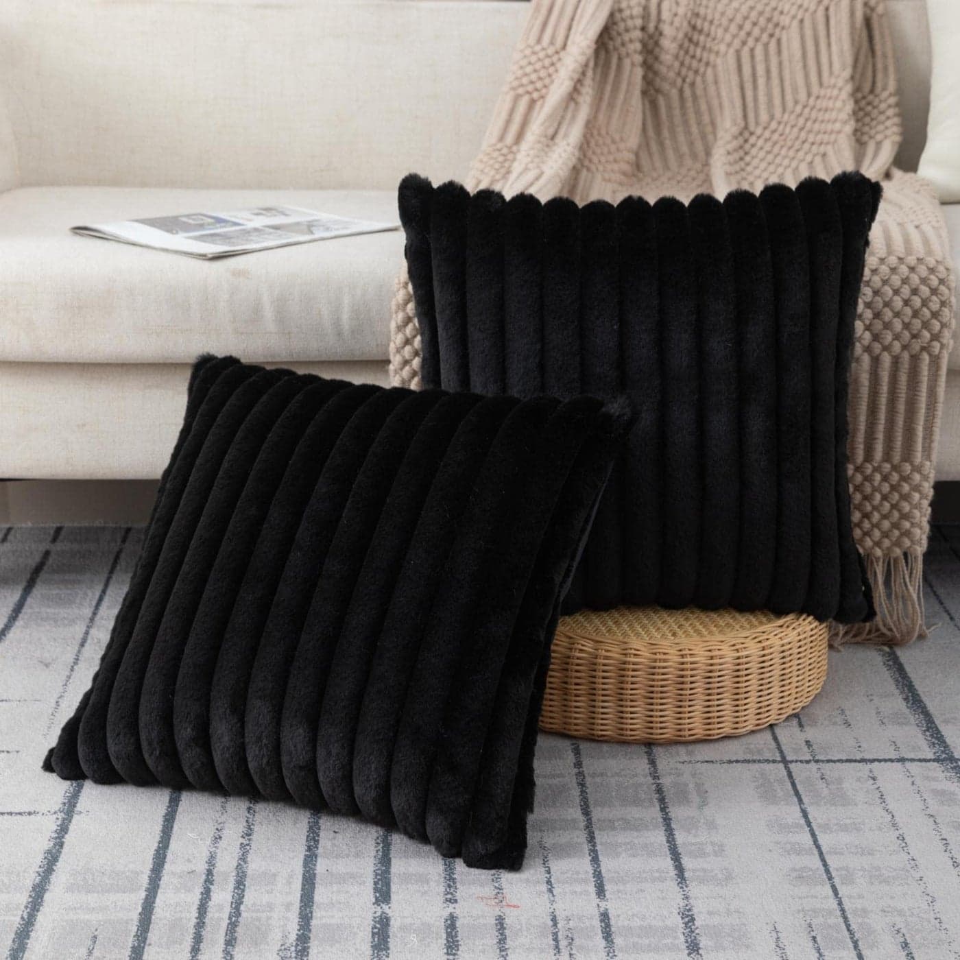 ZLINA Set of 2 Black Faux Fur Decorative Throw Pillow Covers Fluffy Striped Pillowcase Cushion Covers 18 x 18 Inch Decor Sofa Couch Bedroom