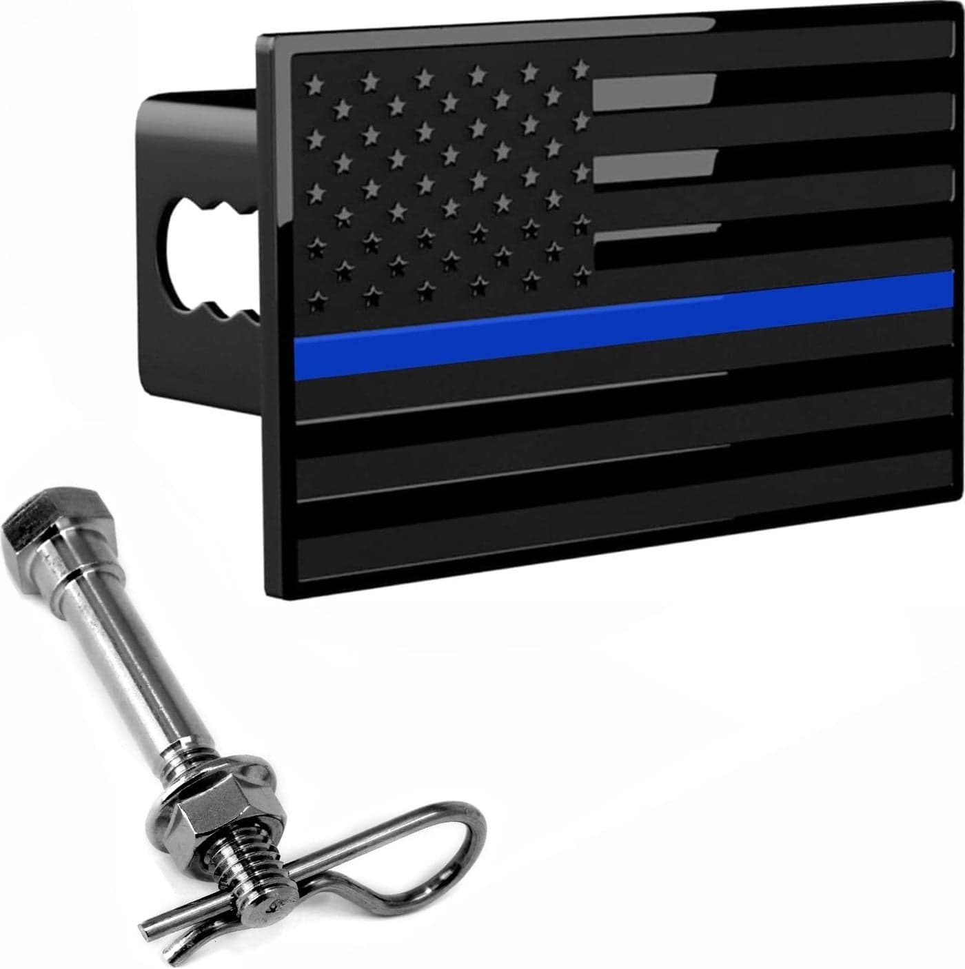 eVerHITCH US American Flag Chrome Emblem Trailer Metal Hitch Cover - Black with Thin Blue Line