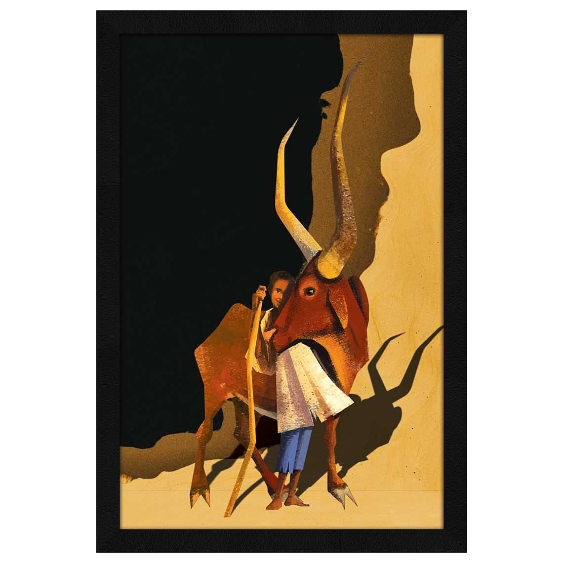 ArtX Paper Indian Village Boy With Bull Framed Wall Art Painting Multicolor Animal 125 X 185 inches Set of 1