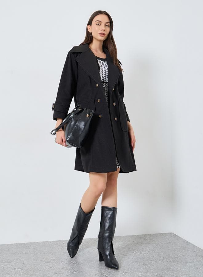Black Double Breasted Wool Like Coat with Pocket Detail