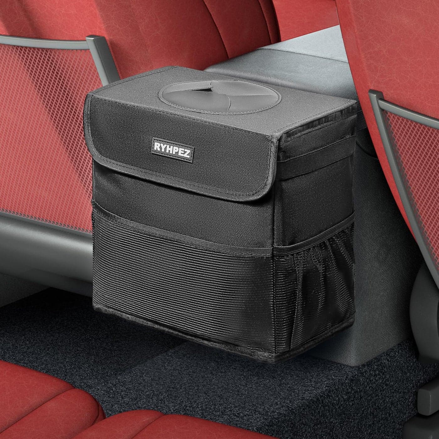 Ryhpez Car Trash Can with Lid Car Accessories for Women Men Vehicle Trash Bin Storage Bag Truck Garbage Can Foldable with Metal Rack Support for Back Seat Hanging 24 Gallon9L