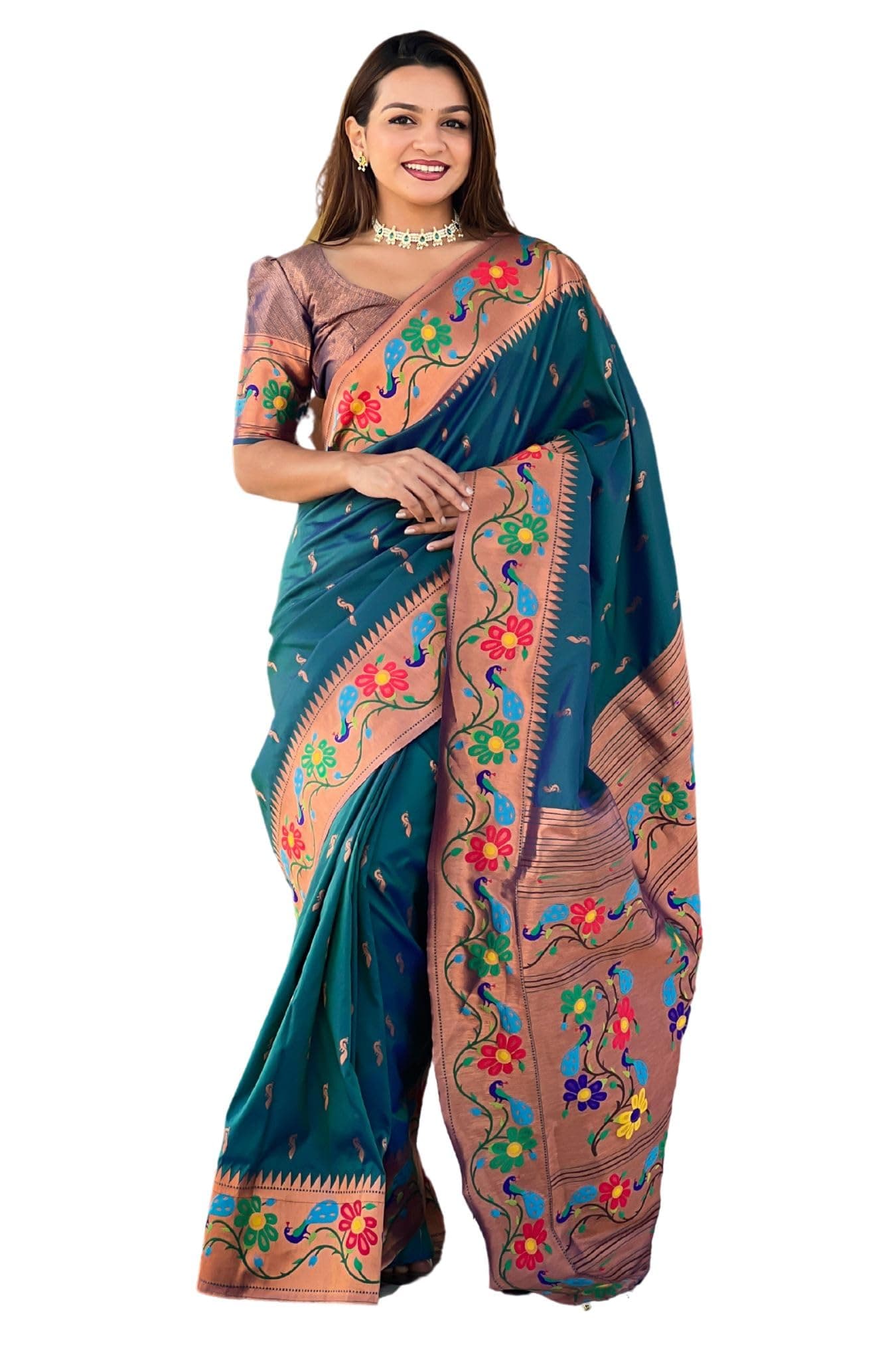 SGF11 Women's Kanjivaram Paithani Soft Silk Saree With Unstitched Blouse Piece (Blue)