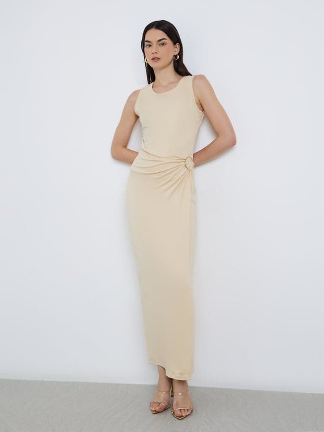 Solid Knitted Metal Buttons Dress — L