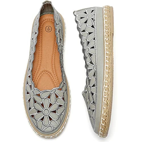 HEAWISH Women’s Ballet Flat Daisy Round Toe Dress Shoes Casual Slip On Rope Loafer(Grey, US9)