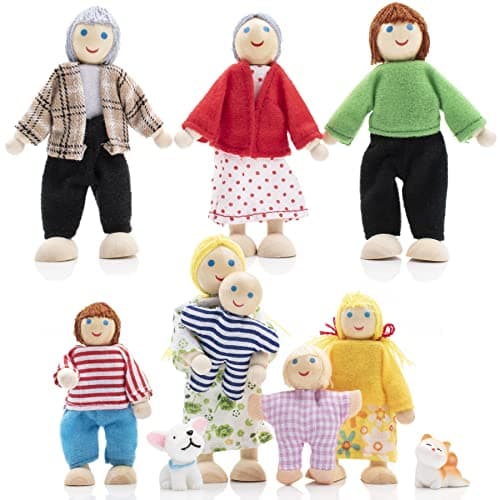 Jzszera Wooden Doll House People of 8 Miniature Figures and 2 Pets Dollhouse Dolls Family Set Dollhouse Accessories for Girls Toddler Kids Pretend Play and Imaginative Fun