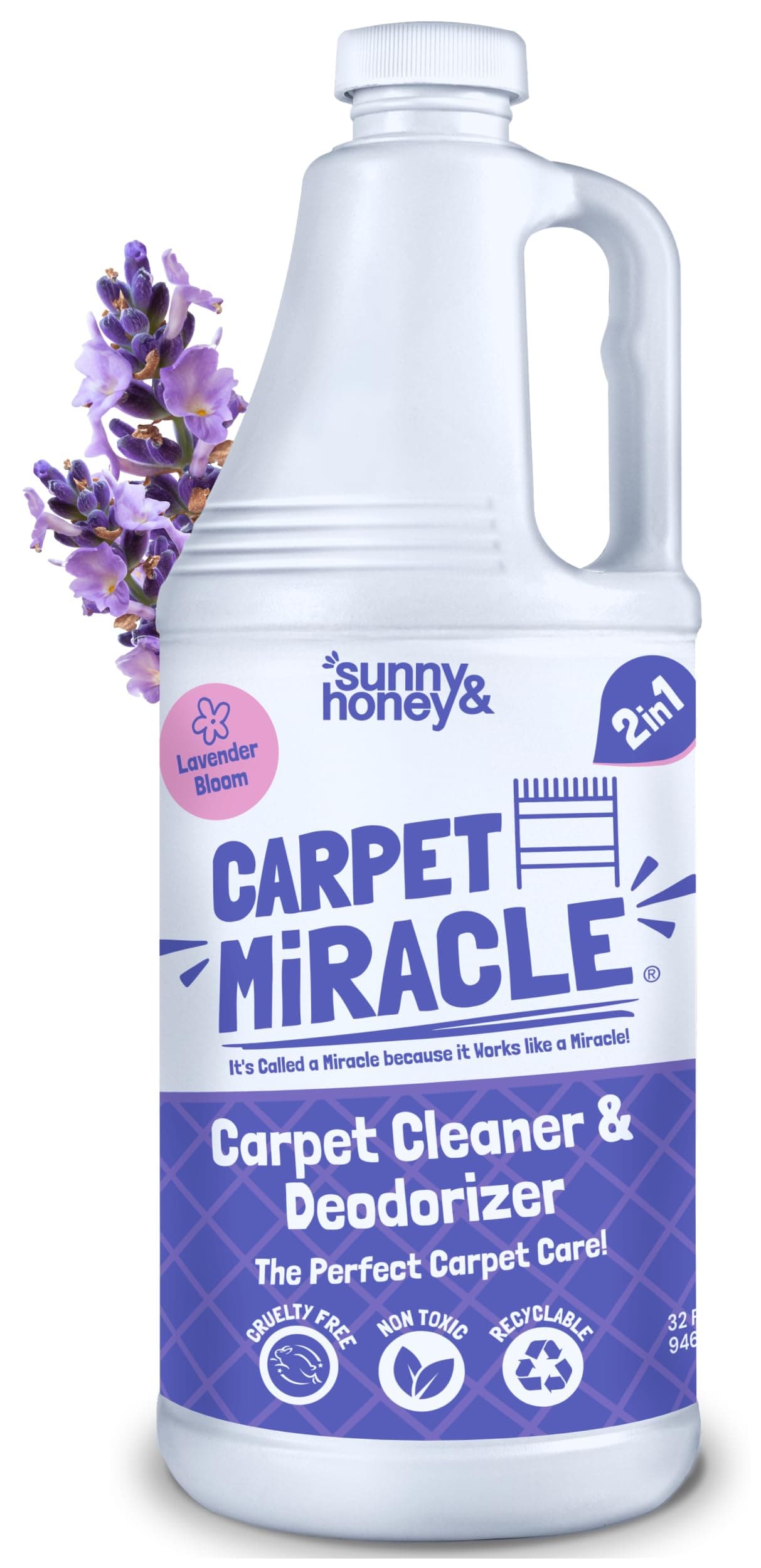Sunny & Honey Carpet Miracle - Carpet Cleaner Solution for Machines, Deep Stain Remover & Deodorizer - 32 fl oz Cleaning Formula for Stain & Odor Removal (Light Lavender Scent)