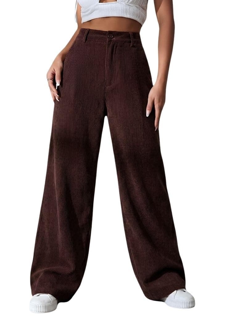 SMOWKLY Women's Aesthetic Mid Rise Wide Leg Sweatpant with Pocket || Loose Comfy Elastic Waist Casual Korean Trousers for Woman Elegant Workwear for Office, College & Events (1678_BRN_L) Brown