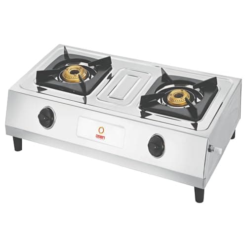 Omen Changing Lives Majestic 2-Burner Gas Stove | Manual Ignition | Stainless Steel Body | High-Efficiency Brass Burners | Skid-Proof Legs | ISI Certified | 1-Year Warranty