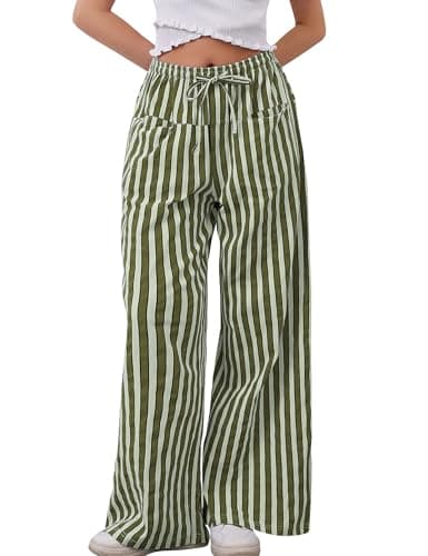 MISSACTIVER Women Drawstring Striped Pants Loose Wide Leg Trousers Casual Low Waist Pants Comfy Lounge Pants with Pockets Army Green